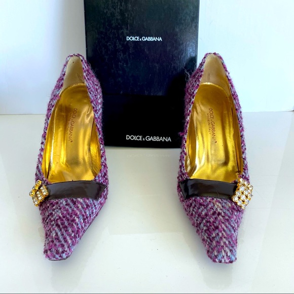DOLCE & GABBANA Purple Herringbone Tweed Heels w/ Gold Crystals, Sz 38, US 8 - Picture 8 of 8